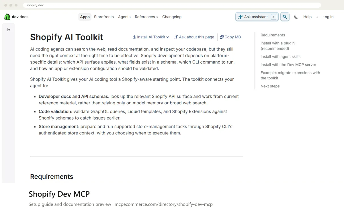 Shopify Dev MCP setup guide: Shopify's MCP documentation page on shopify.dev, shown in a browser frame (store platform MCP server for e-commerce)