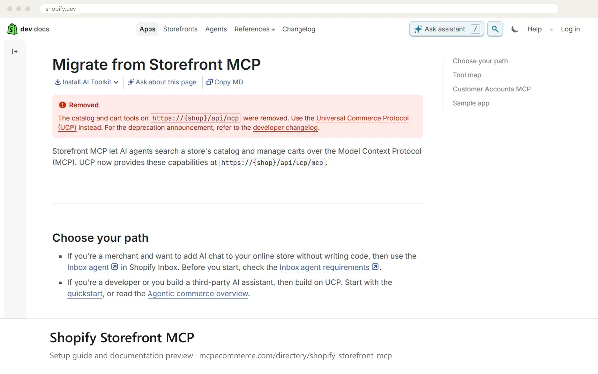 Shopify Storefront MCP setup guide: Shopify's MCP documentation page on shopify.dev, shown in a browser frame (store platform MCP server for e-commerce)