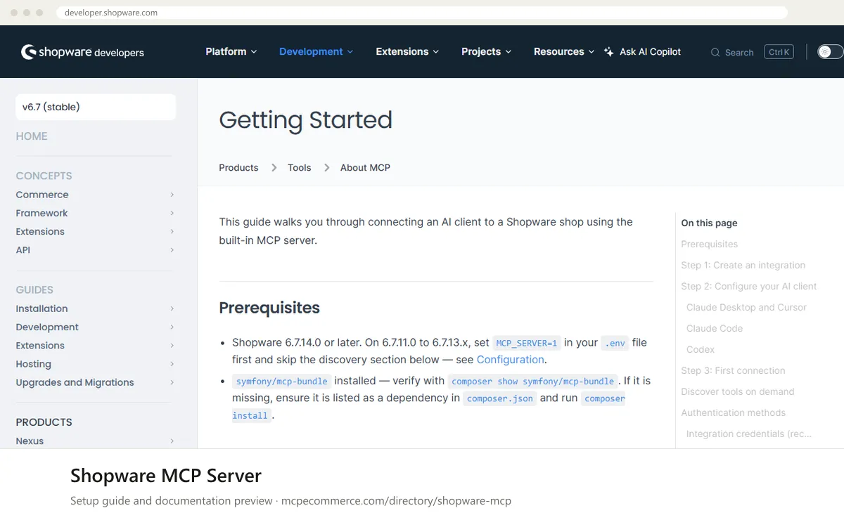 Shopware MCP Server setup guide: Shopware's MCP documentation page on developer.shopware.com, shown in a browser frame (store platform MCP server for e-commerce)