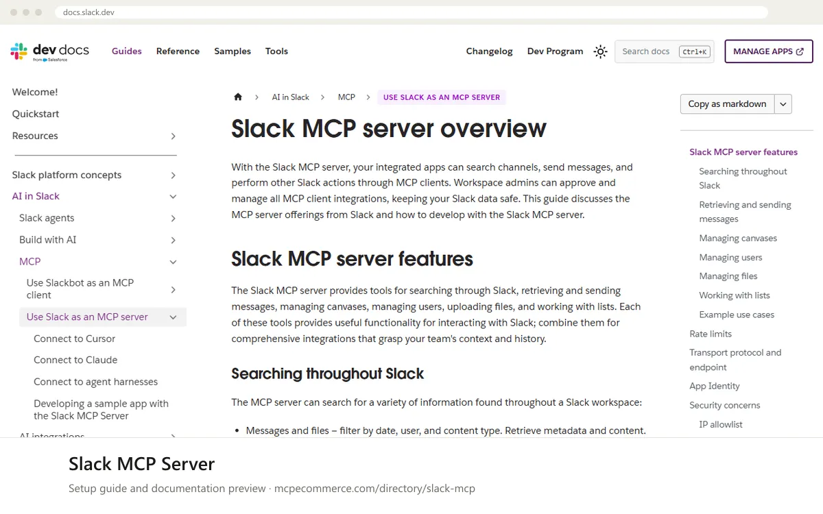 Slack MCP Server: documentation preview Slack MCP Server setup guide: Slack's MCP documentation page on docs.slack.dev, shown in a browser frame (agency operations MCP server for e-commerce)