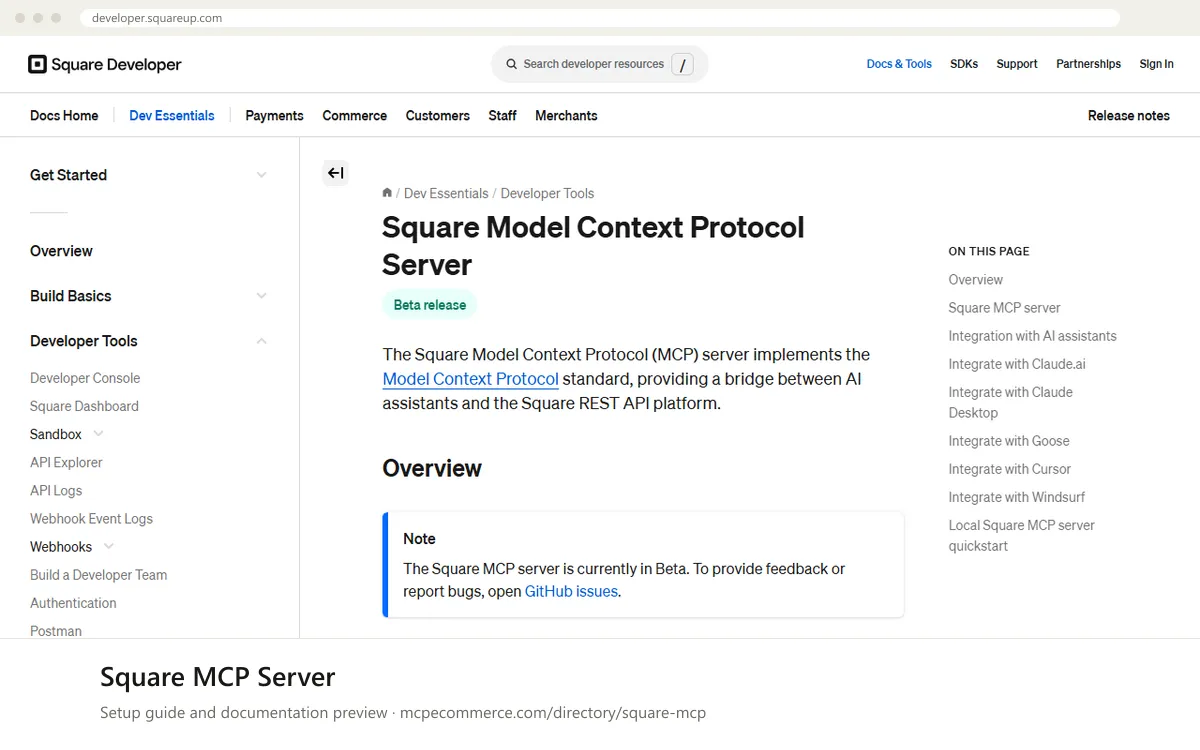 Square MCP Server: documentation preview Square MCP Server setup guide: Square's MCP documentation page on developer.squareup.com, shown in a browser frame (payments MCP server for e-commerce)