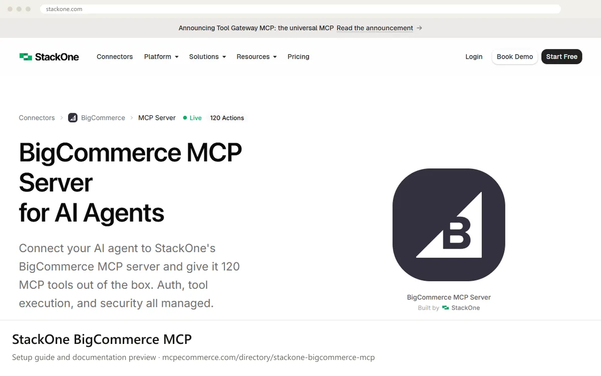 StackOne BigCommerce MCP: documentation preview StackOne BigCommerce MCP setup guide: StackOne's MCP documentation page on stackone.com, shown in a browser frame (store platform MCP server for e-commerce)