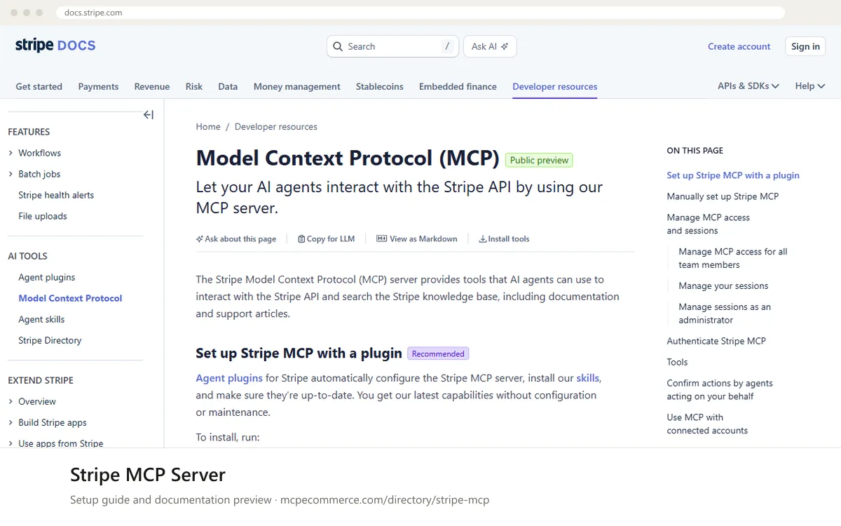 Stripe MCP Server setup guide: Stripe's MCP documentation page on docs.stripe.com, shown in a browser frame (payments MCP server for e-commerce)