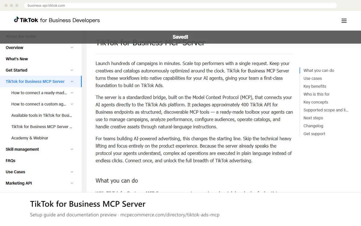 TikTok for Business MCP Server setup guide: TikTok for Business's MCP documentation page on business-api.tiktok.com, shown in a browser frame (advertising MCP server for e-commerce)