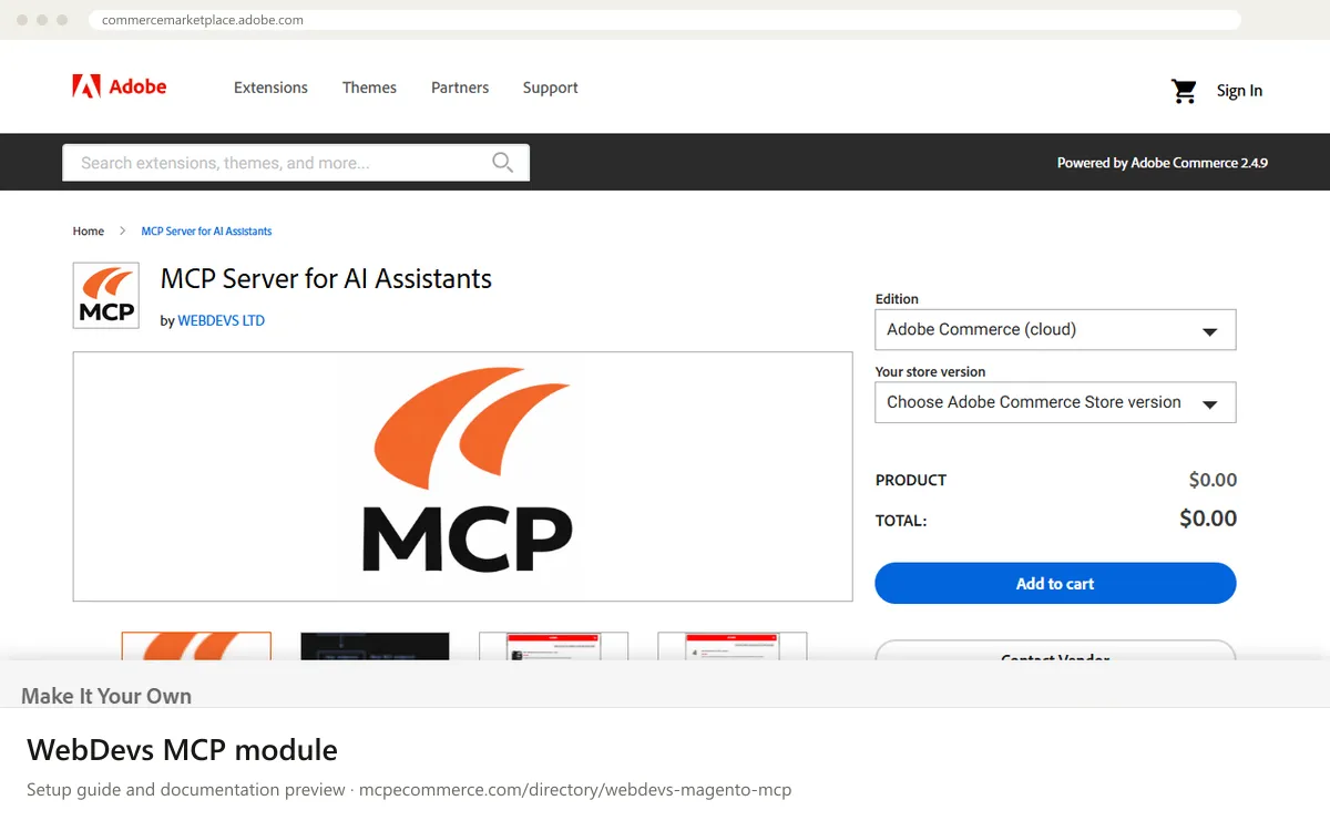 WebDevs MCP module setup guide: WebDevs's MCP documentation page on commercemarketplace.adobe.com, shown in a browser frame (store platform MCP server for e-commerce)