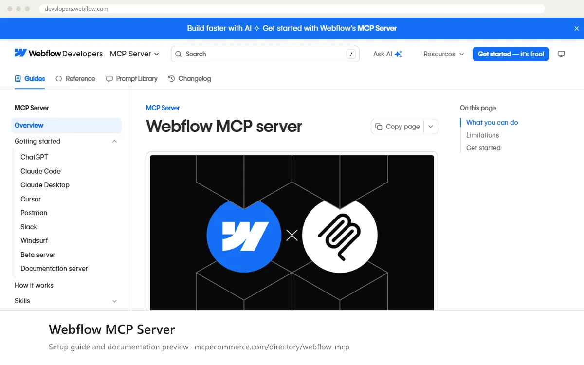Webflow MCP Server: documentation preview Webflow MCP Server setup guide: Webflow's MCP documentation page on developers.webflow.com, shown in a browser frame (creative and content MCP server for e-commerce)