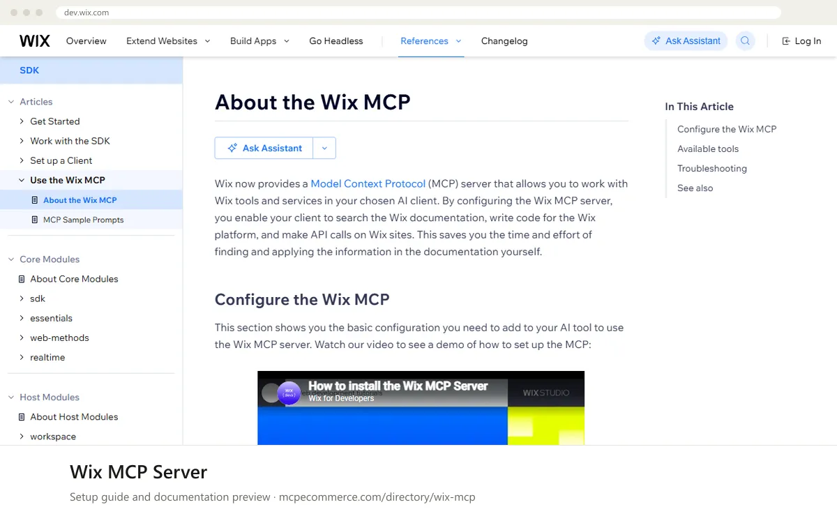Wix MCP Server: documentation preview Wix MCP Server setup guide: Wix's MCP documentation page on dev.wix.com, shown in a browser frame (store platform MCP server for e-commerce)