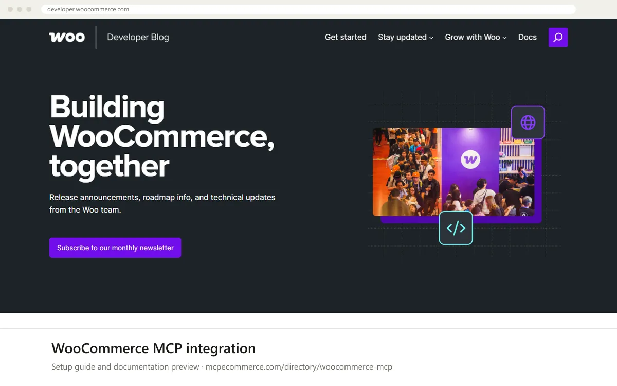 WooCommerce MCP integration: documentation preview WooCommerce MCP integration setup guide: WooCommerce's MCP documentation page on developer.woocommerce.com, shown in a browser frame (store platform MCP server for e-commerce)