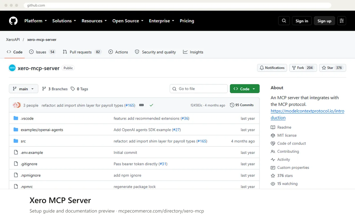 Xero MCP Server: documentation preview Xero MCP Server setup guide: Xero's MCP documentation page on github.com, shown in a browser frame (payments MCP server for e-commerce)