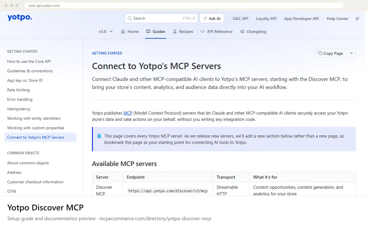 Yotpo Discover MCP setup guide: Yotpo's MCP documentation page on core-api.yotpo.com, shown in a browser frame (support and reviews MCP server for e-commerce)