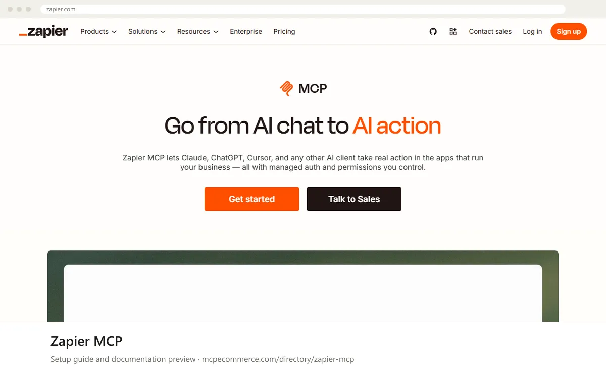 Zapier MCP setup guide: Zapier's MCP documentation page on zapier.com, shown in a browser frame (automation MCP server for e-commerce)